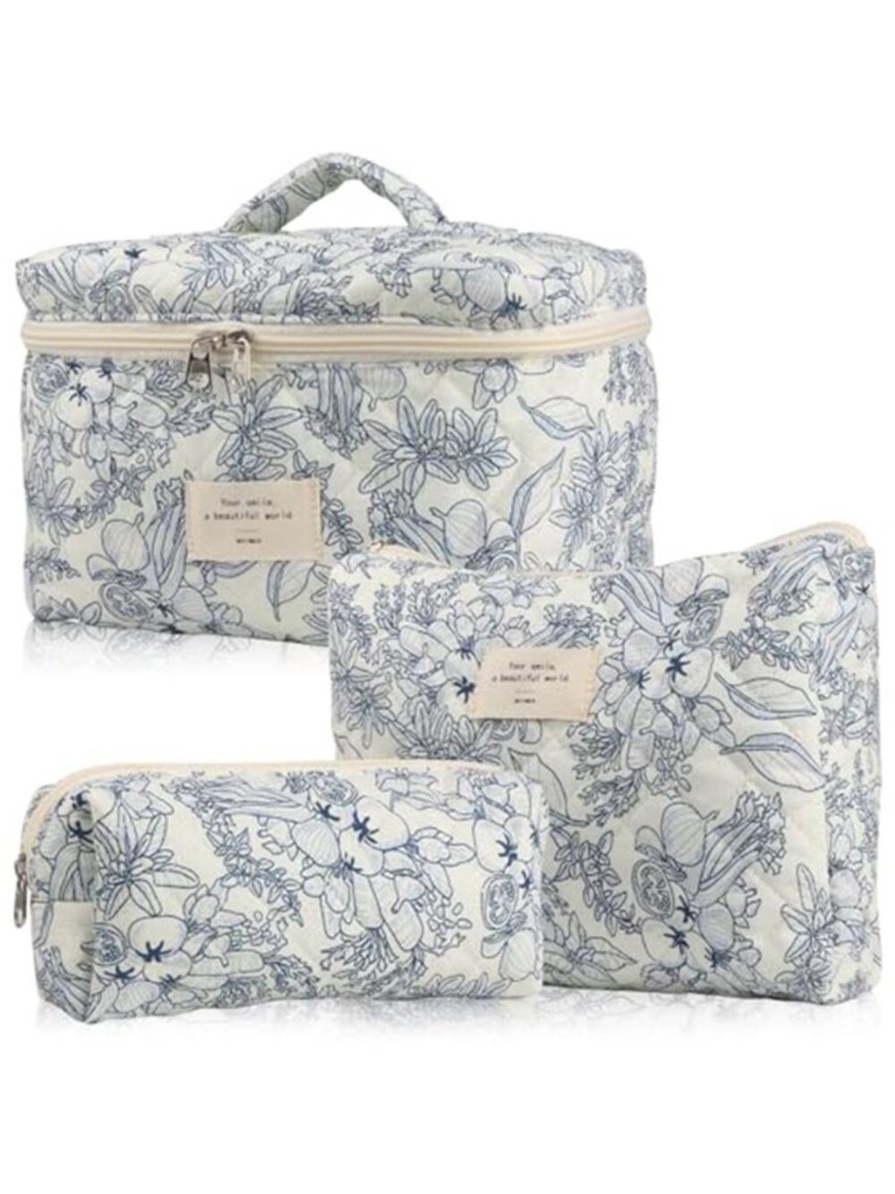 Quilted Floral Makeup Bags Set 2 Pcs Travel Cosmetic Toiletry Organizer Corduroy